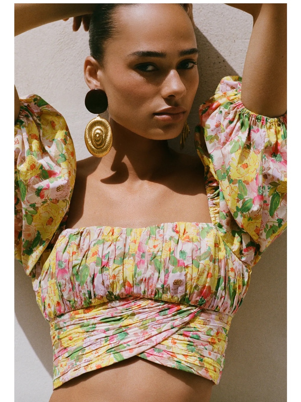 Zara Floral Puff-Sleeve Cropped Top - Yellow & Pink Garden Print
